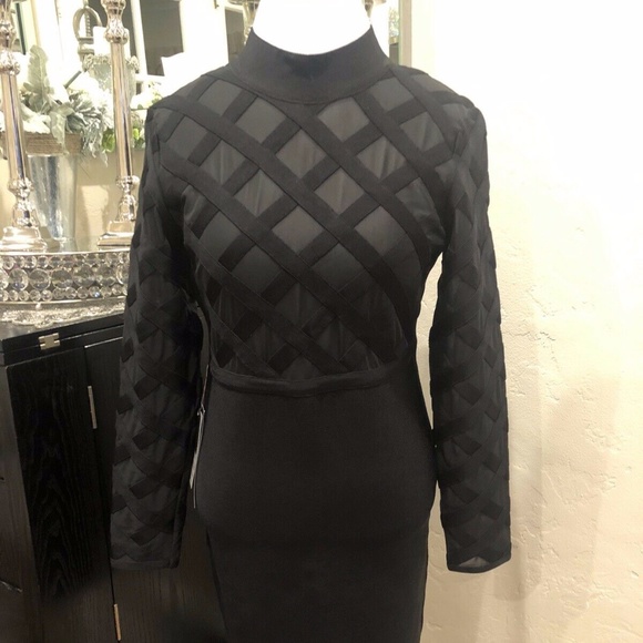 BEBE Mesh Criss Cross Mock Black Bodycon Dress - Picture 2 of 6